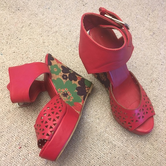 Janylin Shoes - Red Floral Cork Wedged Heels